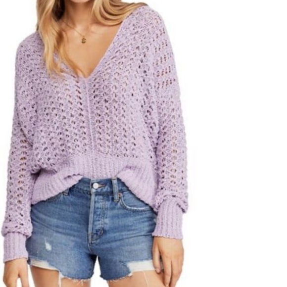 Free People Best of You lavender open knit v neck sweater - Picture 1 of 9